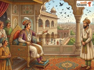 Demonstrative image of Akbar asking Birbal to count number of crows.