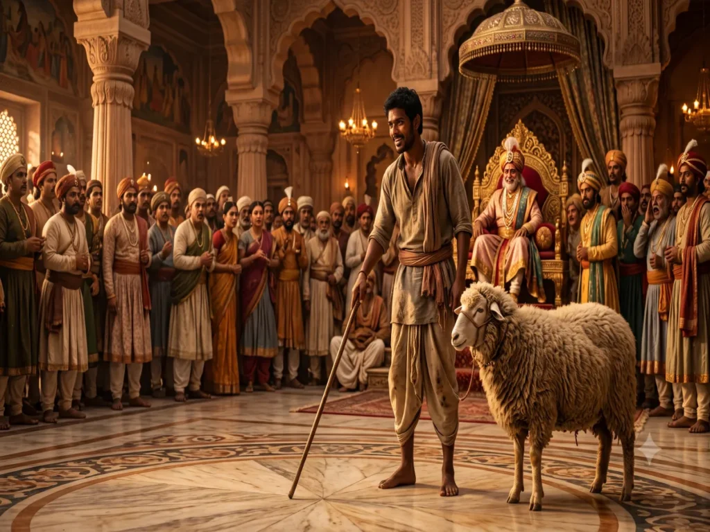 Famer with his sheep standing in front of king.